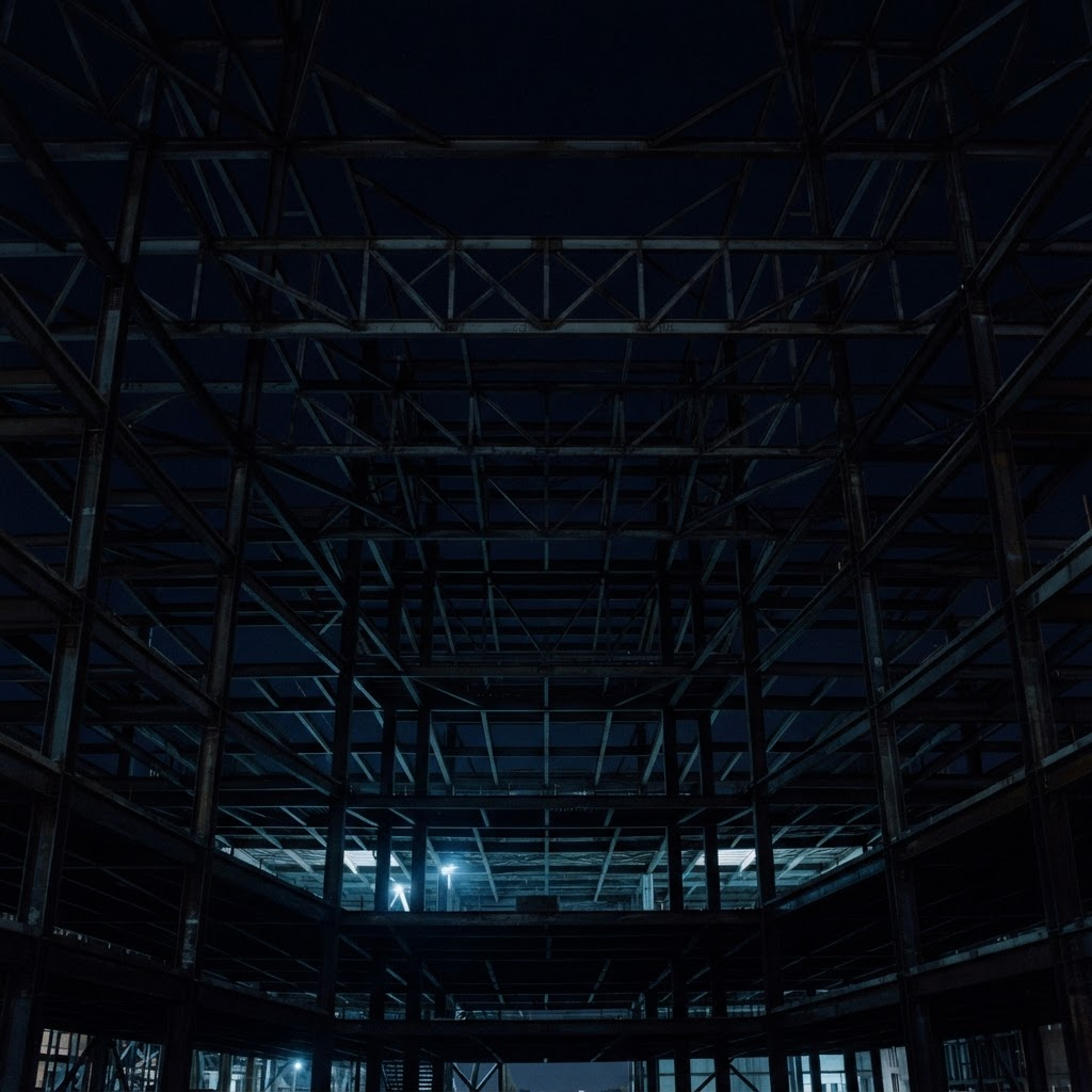 Steel and concrete structure of a building under construction at blue hour