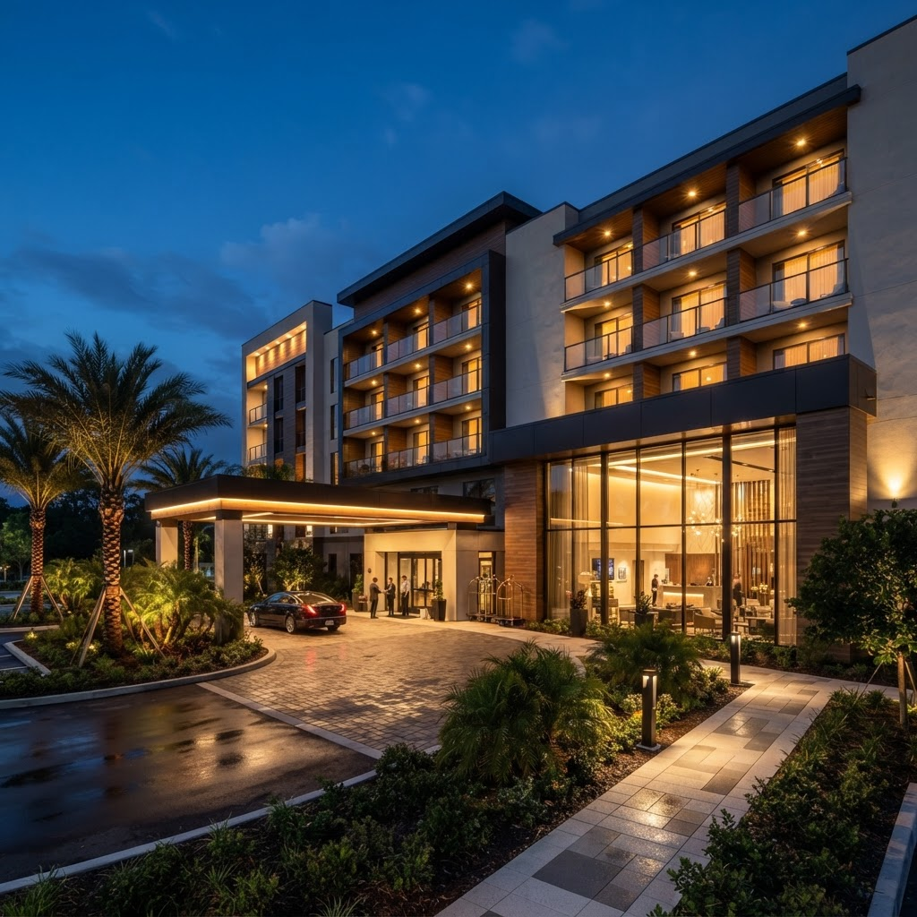 Modern hotel exterior with illuminated entrance canopy at dusk