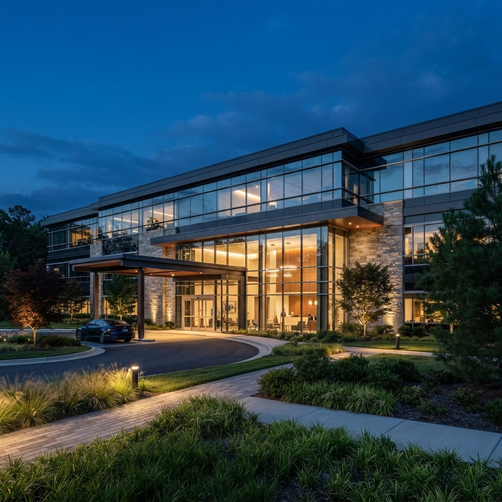 Contemporary medical office building exterior at dusk