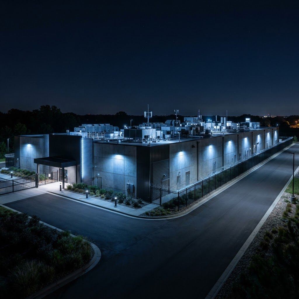 Data center facility exterior with rooftop cooling units at night