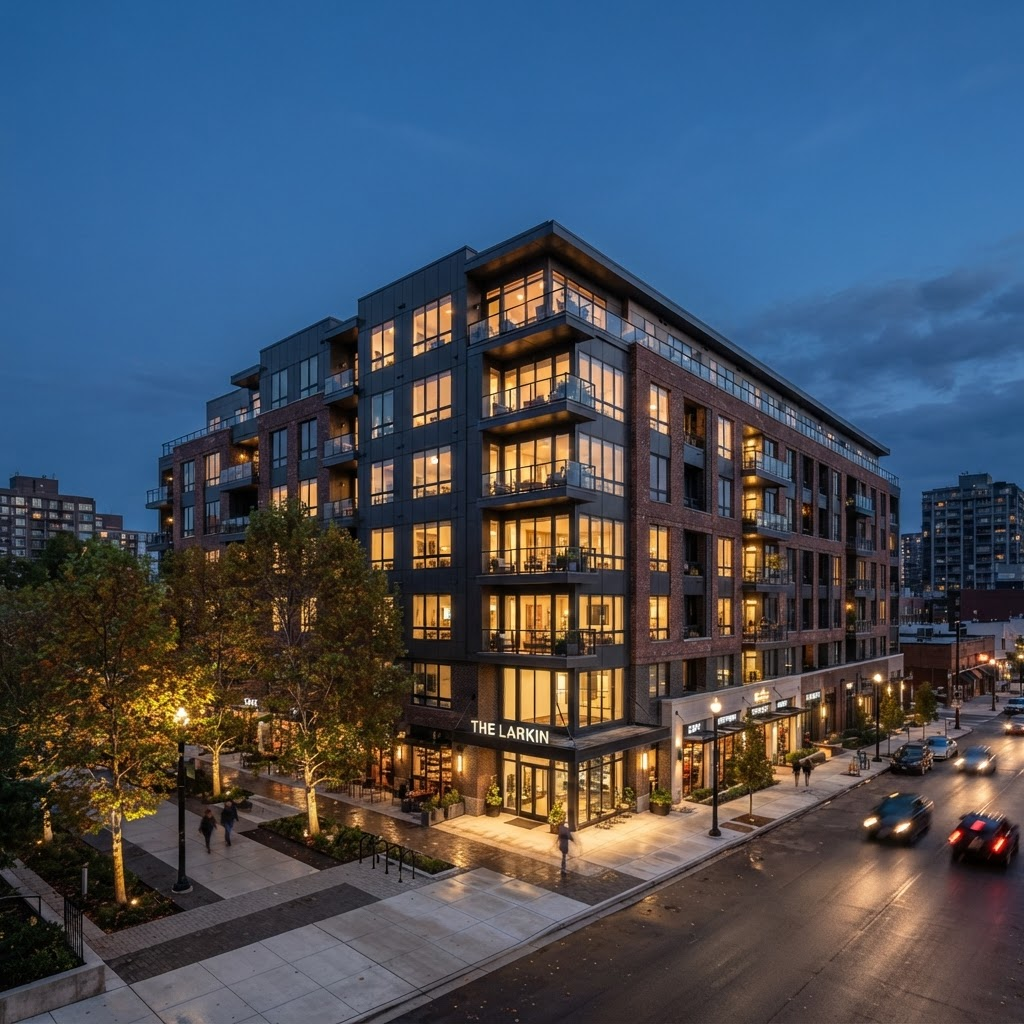 Mixed-use multi-family apartment building with ground-floor retail at dusk