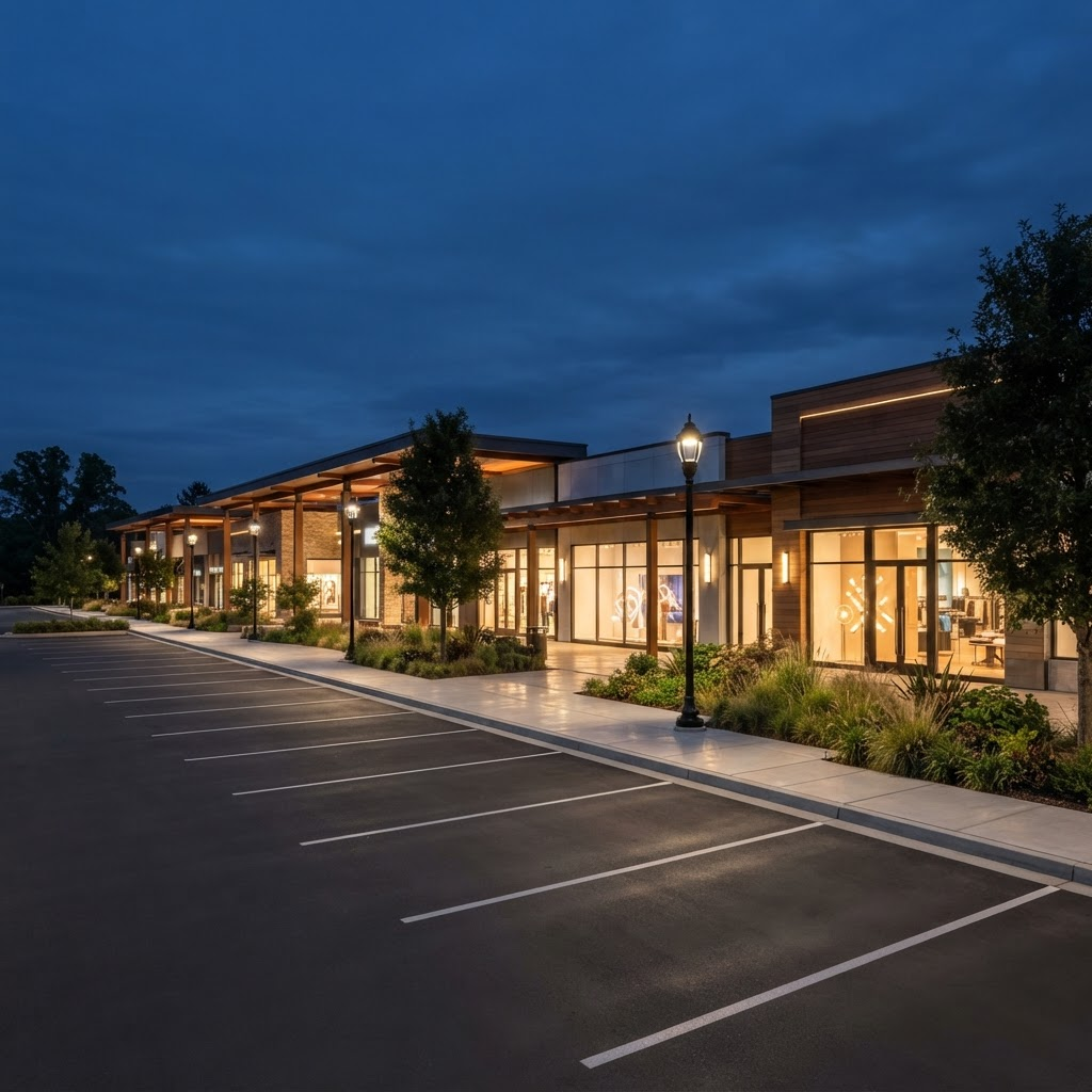 Open-air shopping center storefronts illuminated at dusk