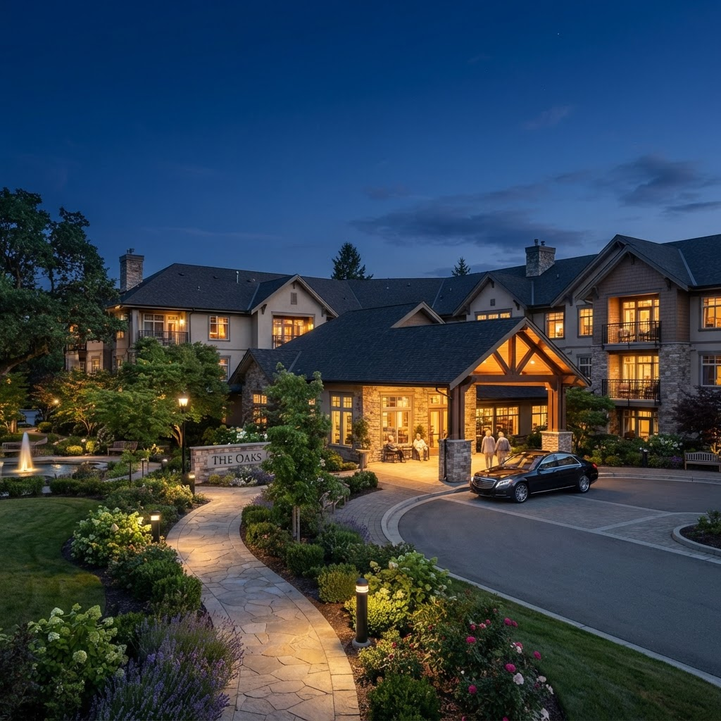 Senior living community exterior with landscaped grounds at dusk