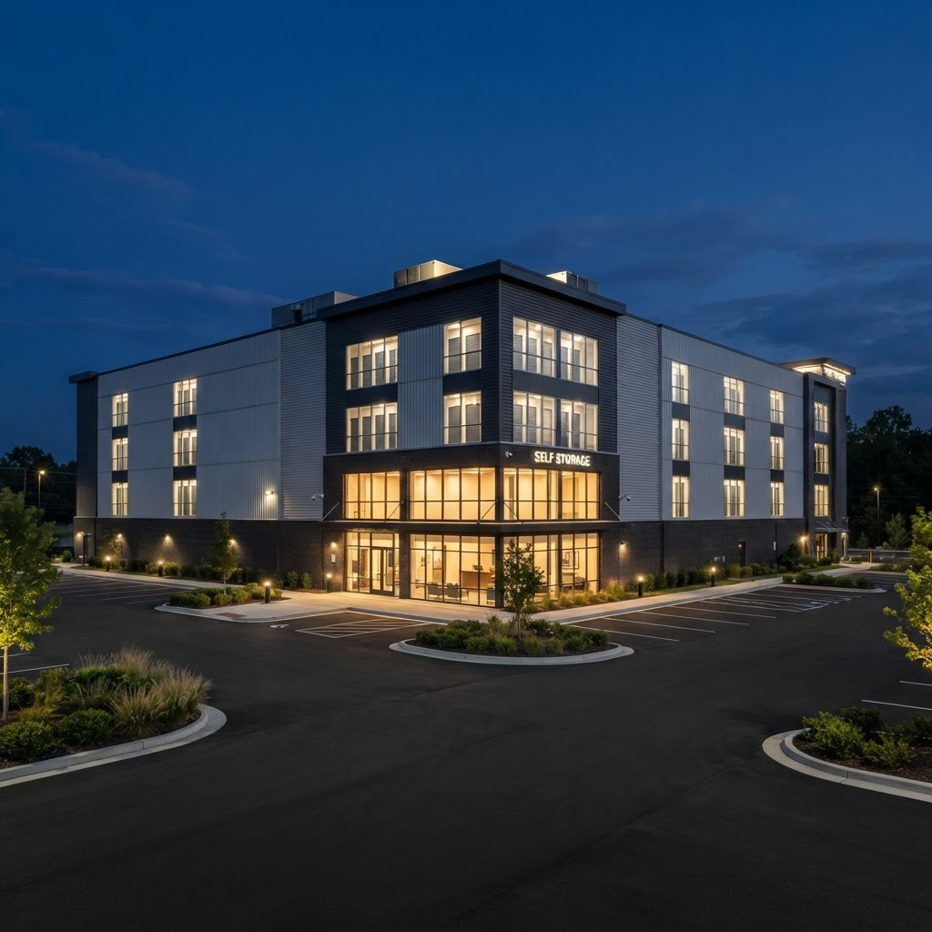 Multi-story climate-controlled self storage facility at dusk