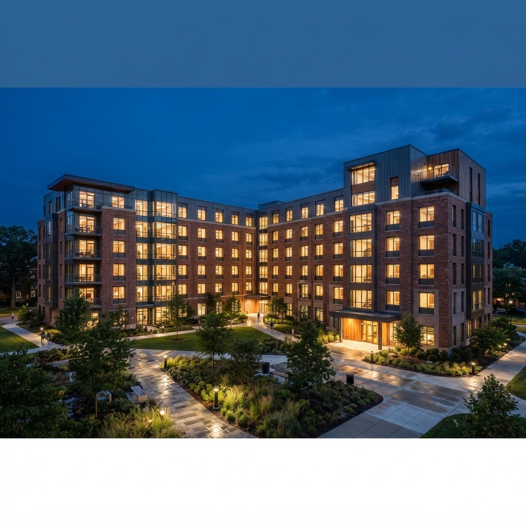 Purpose-built student housing building on a university campus at dusk