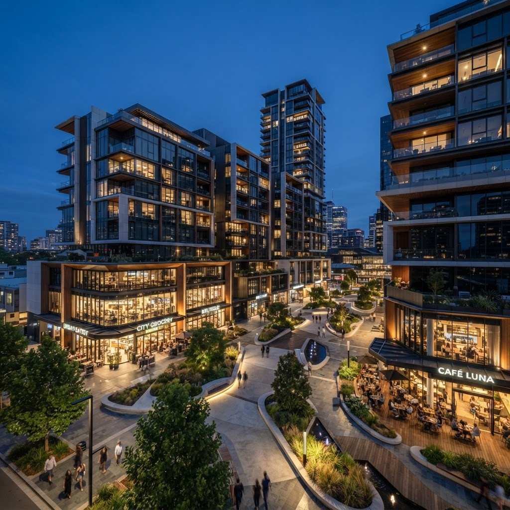 A completed mixed-use development at dusk with illuminated retail and a landscaped plaza
